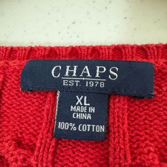 Chaps Ralph Lauren Women’s Red V-Neck Cable Knit Sweater Size XL 100% Cotton - Picture 5 of 8